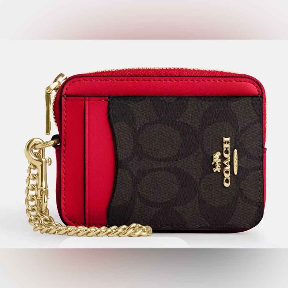 Coach Red and Brown Signature Card Case Wallet with Gold Chain
